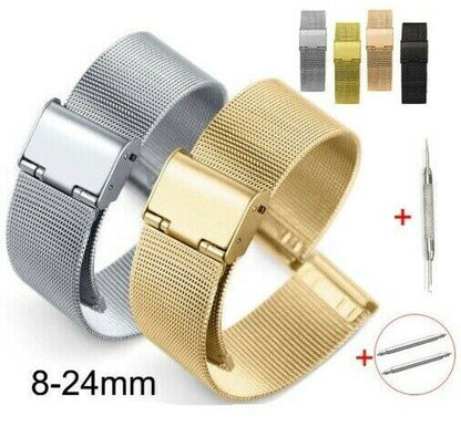8mm~24mm Stainless Steel Milanese Loop Mesh Watch Band Strap Fold Buckle Release