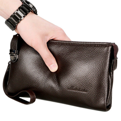 100% Genuine Leather Business Bag, Men's Clutch Wallet Large Capacity Handbag