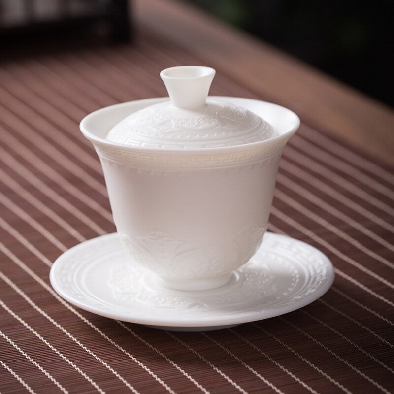 Handmade Tureen Fat Mutton Jade Porcelain Gaiwan Covered Bowl Relief Lid Saucer