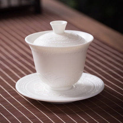 Handmade Tureen Fat Mutton Jade Porcelain Gaiwan Covered Bowl Relief Lid Saucer