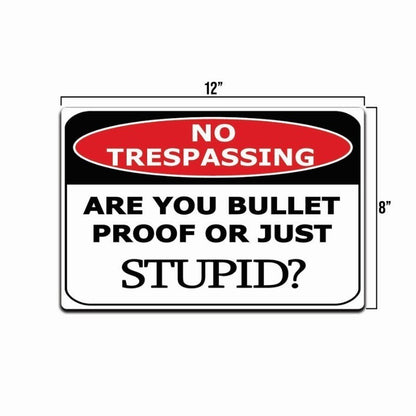 No Trespassing Sign Are You Bulletproof or Stupid Metal Aluminum 8x12 Decor