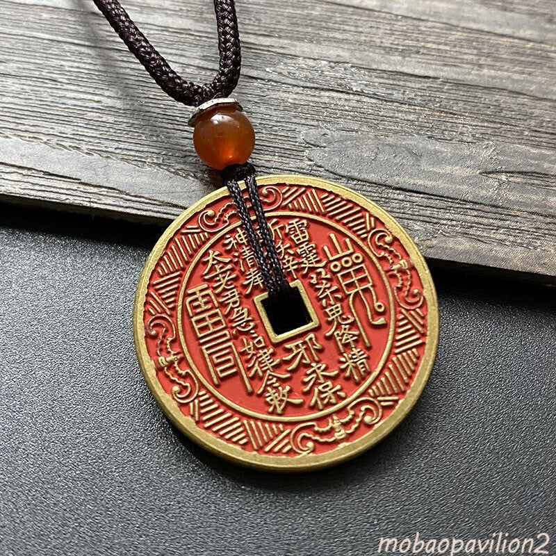 Old Bronze Amulet Pendant Taoist Knot Peace Pendant Cinnabar Necklace