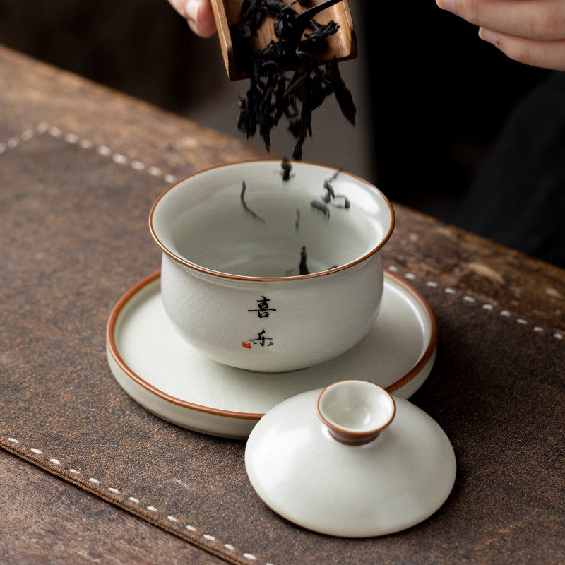 Ru Kiln Three Cai Lid Bowl Tea Cup Can Hover and Rotate Ceramic Tea Cup Tea Set