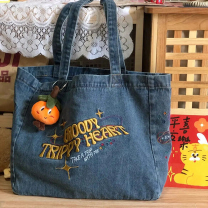 Retro Denim Jeans Tote Cool Girl Shoulder Bags Student Shopping Handbag