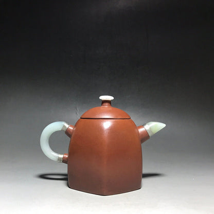 Chinese Yixing Zisha Clay Handmade Exquisite Teapot（镶玉六方秦权 底款：杨鹏年）