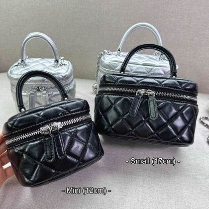 Mini Quilted Real Leather Vanity Case Box Purse Clutch Tote Shoulder Bag Chains