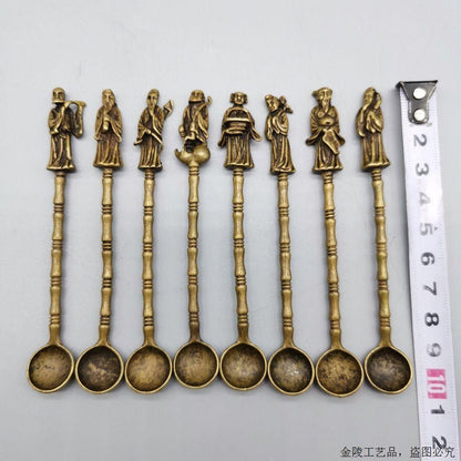 Eight Immortals Brass Spoon Set Vintage Bronze Medicine Spoon Chinese 8PCS