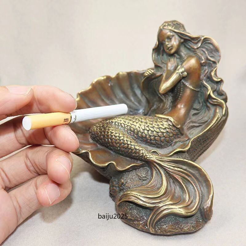 Brass Mermaid Statue Girl Ashtray Sculpture Home Table Decor