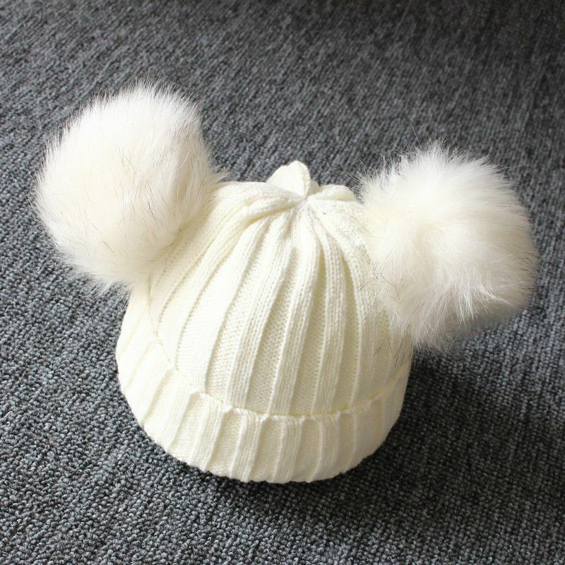 Knit Hat Newborn Baby Kid Girls Boys Winter Warm Furry Balls Pompom Solid Lovely