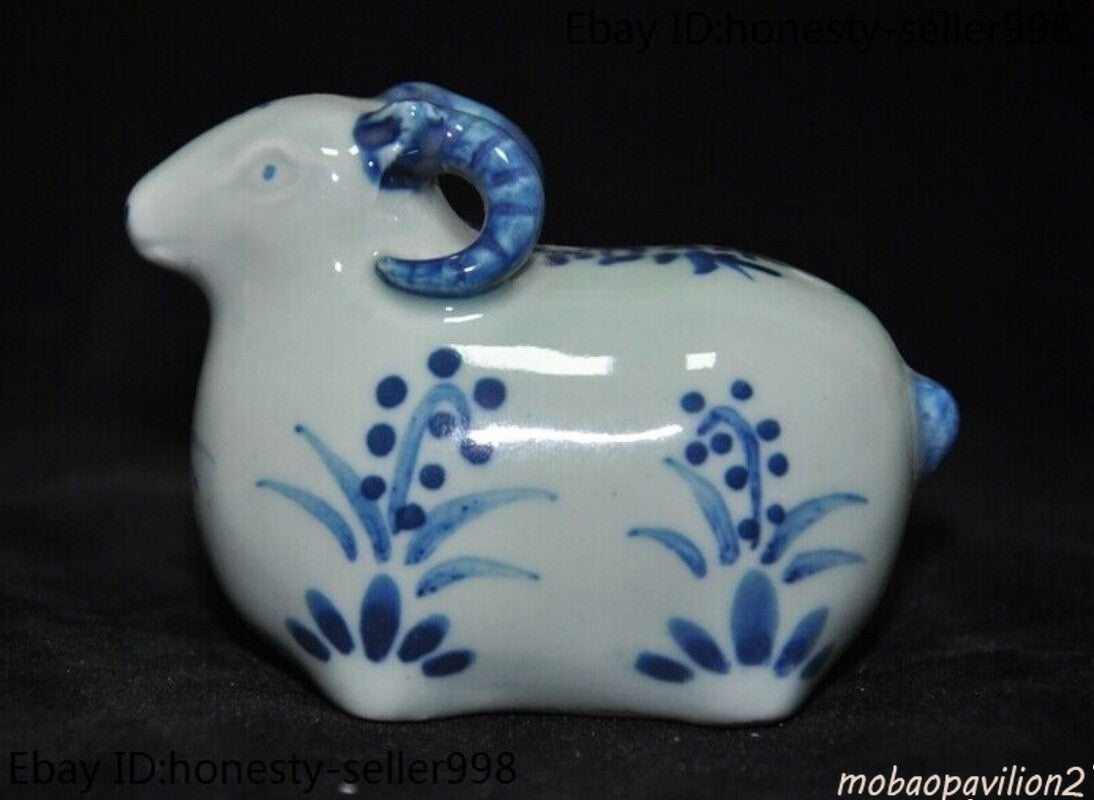 3.2'' Antique Blue White Porcelain Wealth Lucky Zodiac Sheep Goat Statue Crafts