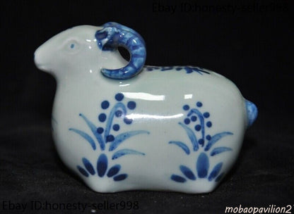 3.2'' Antique Blue White Porcelain Wealth Lucky Zodiac Sheep Goat Statue Crafts