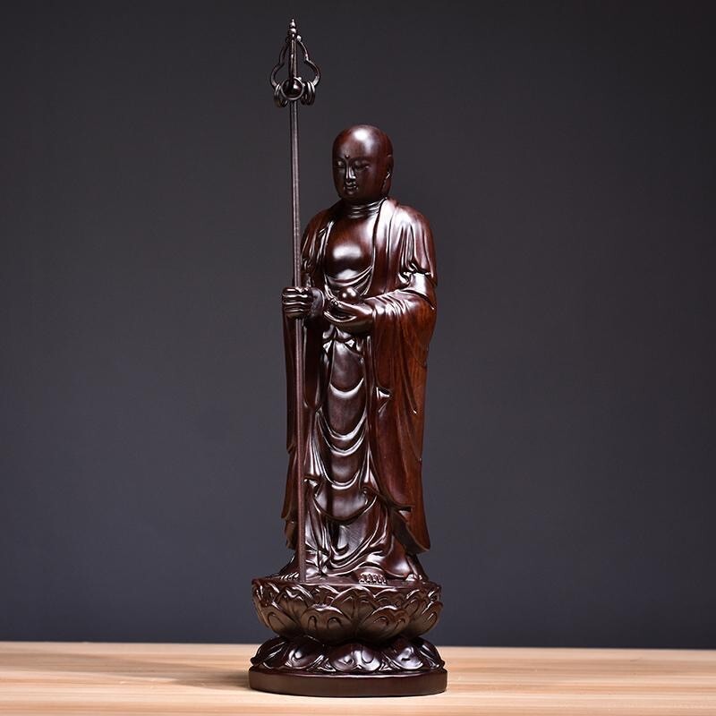 8" Ebony Wood Carved Ksitigarbha Bodhisattva Buddha Statue Buddhism Decor
