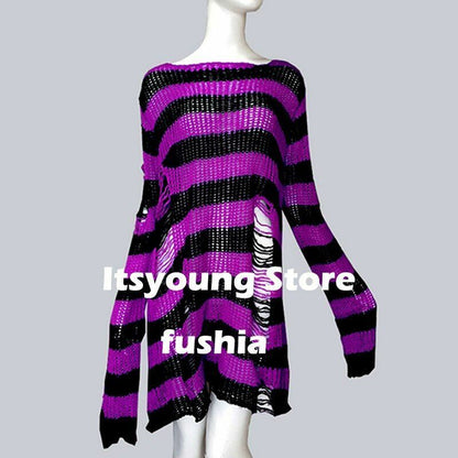 Unisex Sweater Plus Size Punk Long Dress Hollow Hole Broken Jumper Loose Thin
