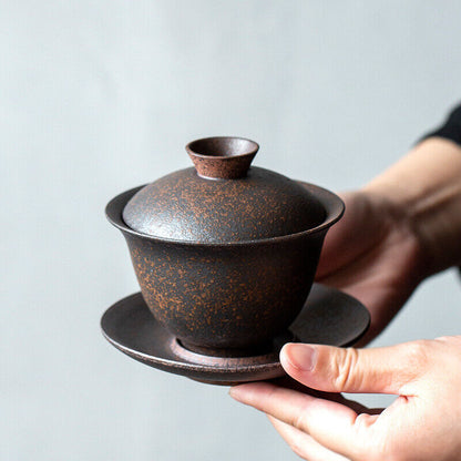 crude pottery gaiwan antique style Chinese ceramic tureen cup bowl saucer lid