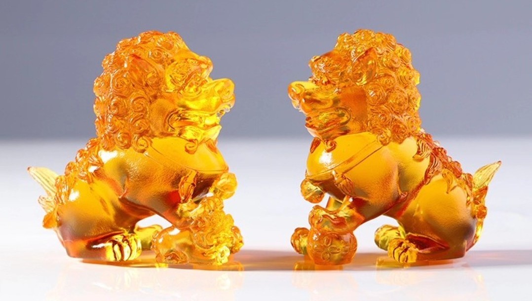 Pair Golden Liu Li Crystal Lion Statue Guardian Foo Fu Dog Artwork Home Decor