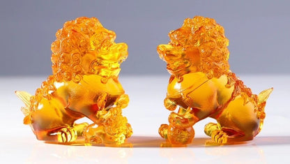 Pair Golden Liu Li Crystal Lion Statue Guardian Foo Fu Dog Artwork Home Decor