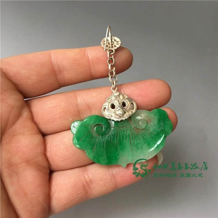 Pair of Old Emerald Tibetan Silver Fan Earrings - Ancient Jade Antique Jewelry