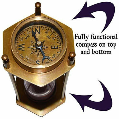 5.75" Brass Pirate Hourglass, Nautical Maritime Decoration with 2 Compasses