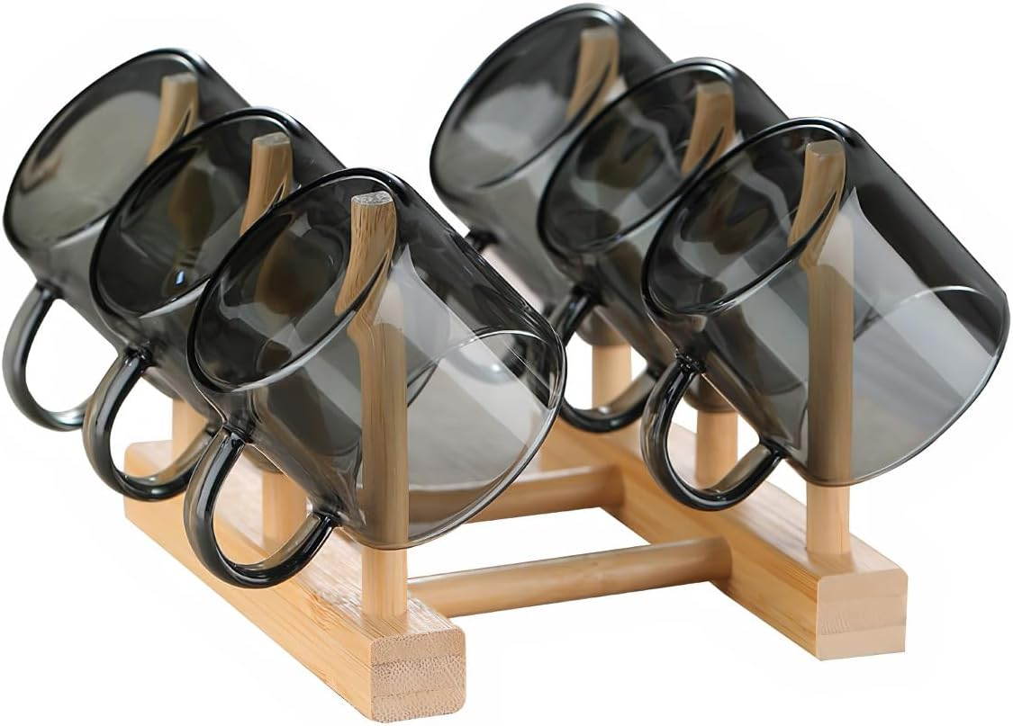 Mini Glass Tea Cups with Wooden Holder Set Chinese Tea Utensil Decor Gift 7 Pcs
