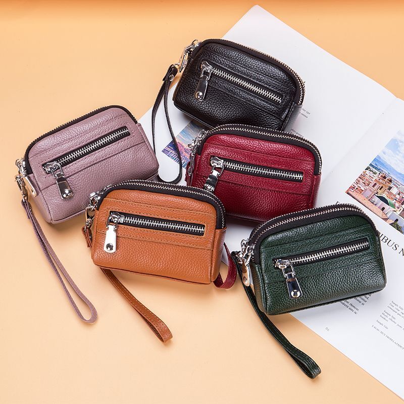 Genuine Leather Mini Wallet Double Zipper Coin Purse Cute Small Clutch Bag 1 PC