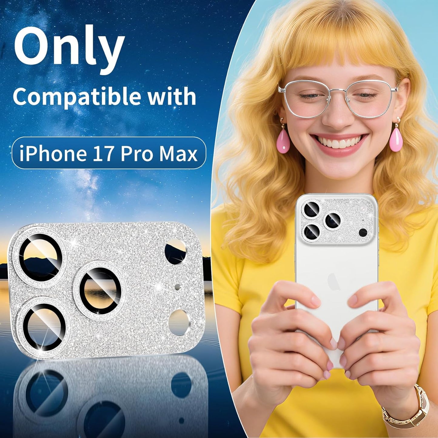 Compatible with Iphone 17 Pro Max Camera Lens Protector, Bling Glitter 9H Temper