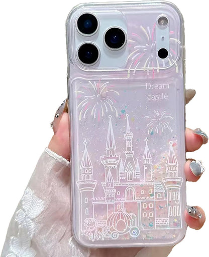 for Iphone 17 Pro Bling Liquid Castle Fireworks Case, Cute Luxury Sparkle Flowin