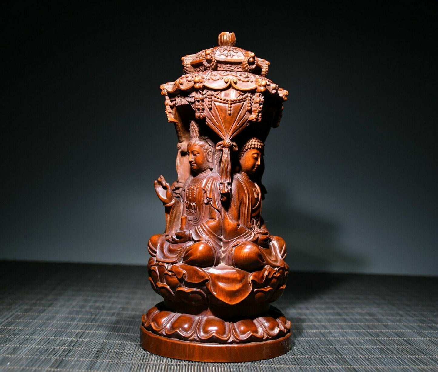 Collect Chinese Wood Carving Boxwood Wooden Sculpture Three Buddha Statue Decor