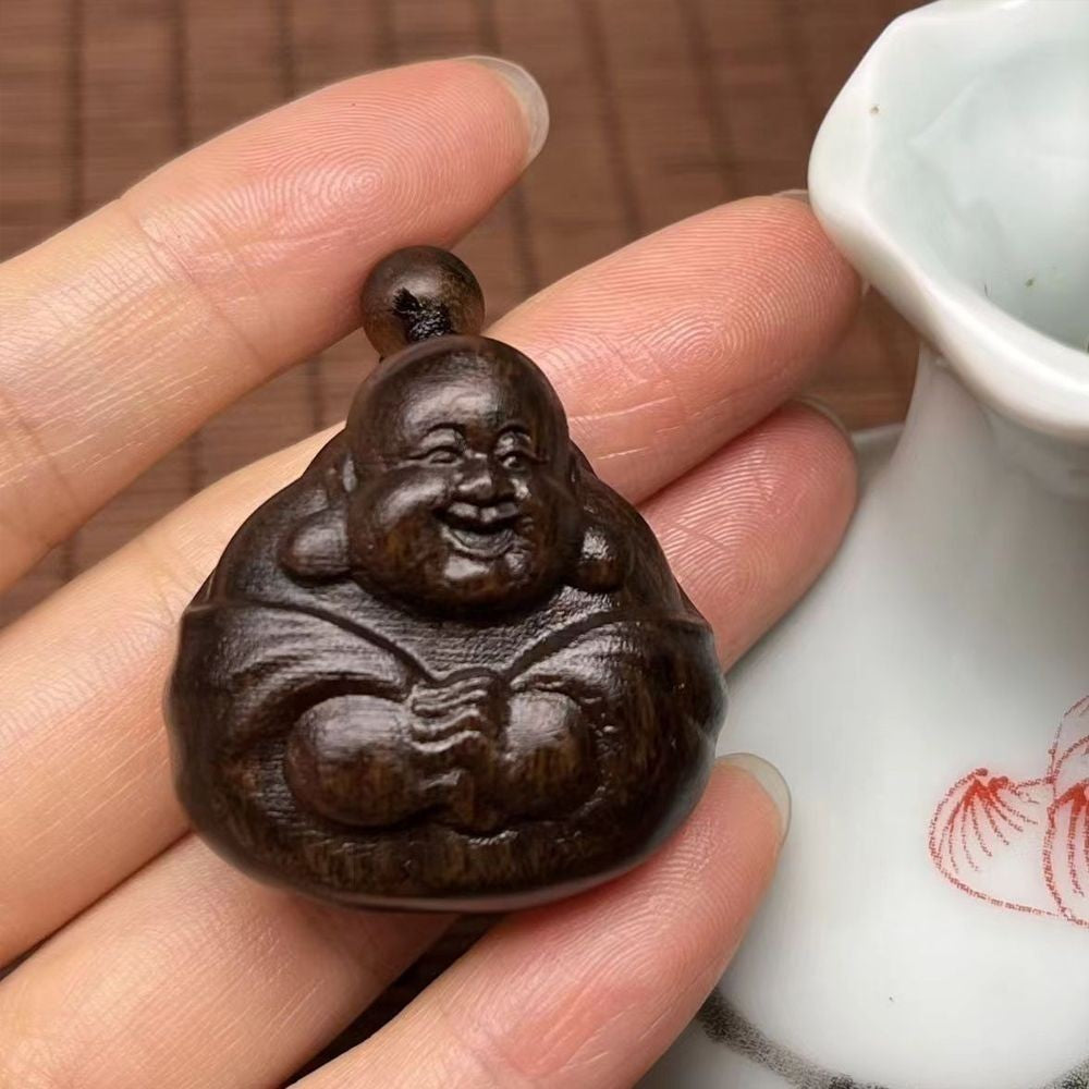 Indonesian Agarwood Maitreya Pendant Carved Buddha Amulet Necklace Hand Piece