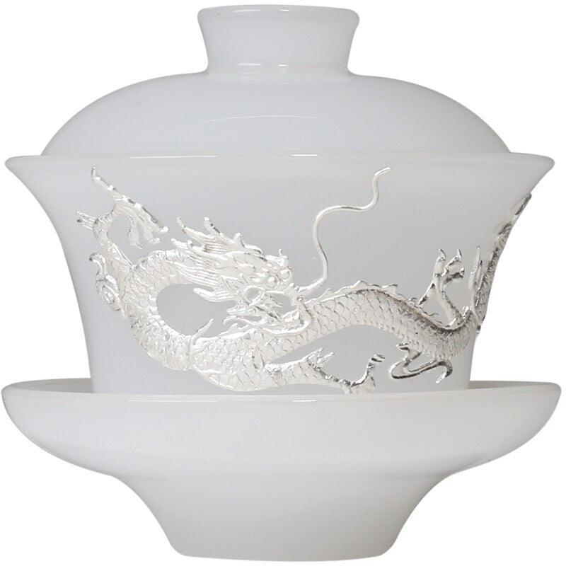 Jade Plated Silver Dragon Ceramic Cover Bowl Teacup Gaiwan Tea Bowl Kung Fu