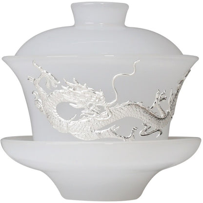 Jade Plated Silver Dragon Ceramic Cover Bowl Teacup Gaiwan Tea Bowl Kung Fu