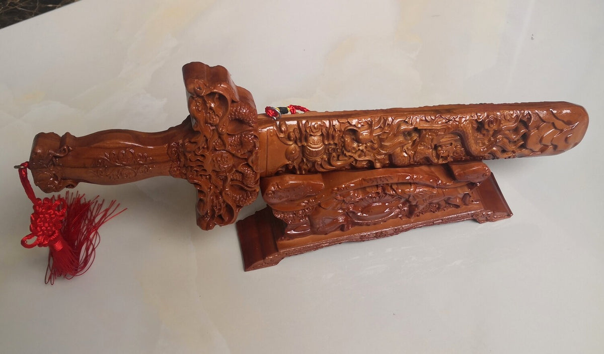 Feng Shui Dragon Peach Wood Sword Base Blessing Exorcise Evil