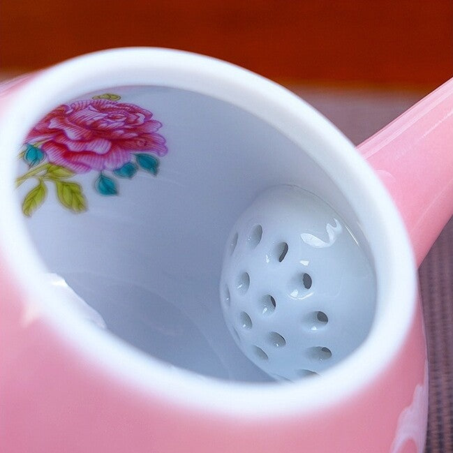 Porcelain Tea Set For Lady Pink Floral Print Tea Pot Matching Tea Cup Master Cup