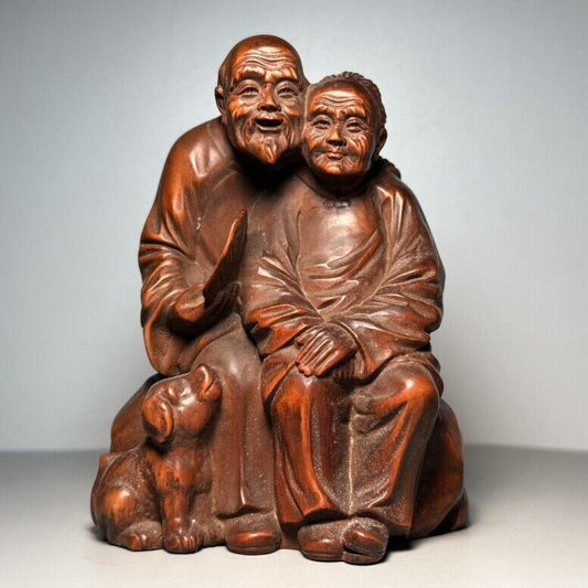 Vintage Boxwood Chinese Antique Carved Old Men Women Statue Wooden Ornaments Art