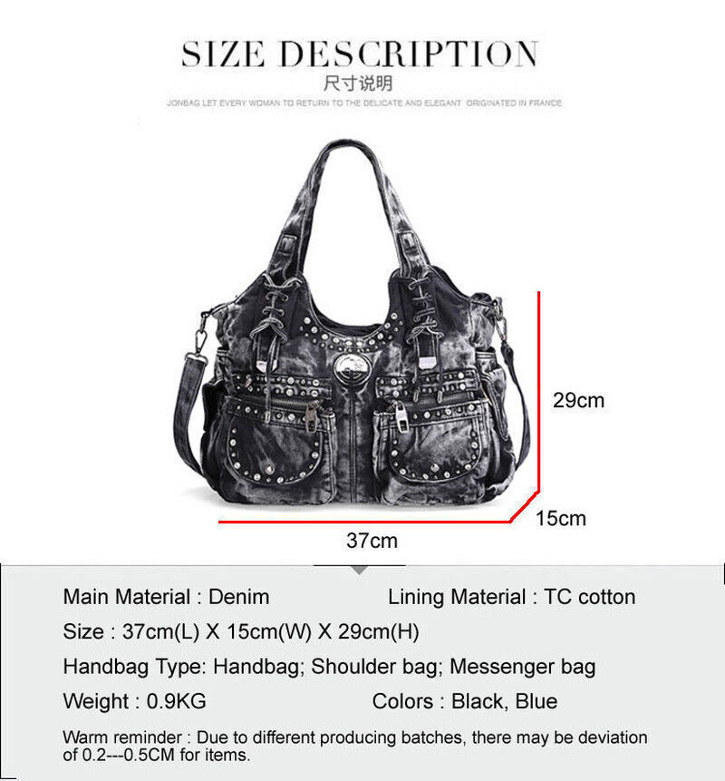 Ladies Punk Rock Travel Denim Rivet Shoulder Handbag Messenger Denim Bag Fashion
