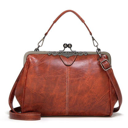 Vintage Small Shoulder Bag Retro Handbags Kiss Lock Crossbody Purse Leather Bag