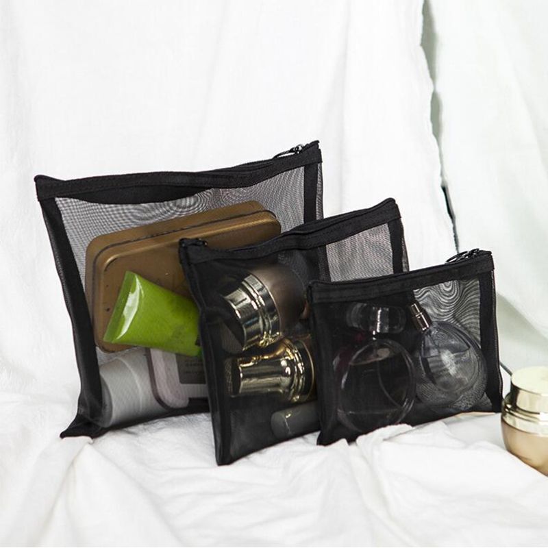 1pc Cosmetic Bag Transparent Mesh Zipper Organizer Small/BigBlack Toiletry Bags