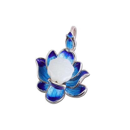 Cloisonne Hetian Jade Lotus Pendant Vintage Necklace Women Gift
