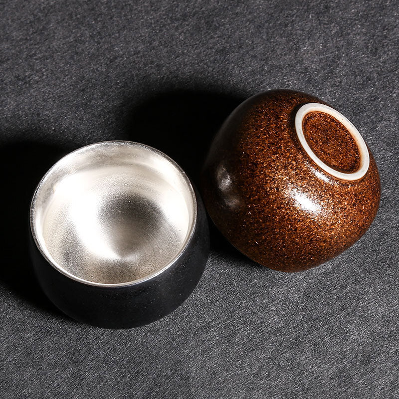 999 Sterling Silver Tea Cup Crude Pottery Master Cup 70ml Health Care Kungfu Cup