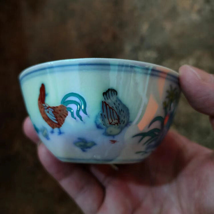 3.1" Chinese Ming Doucai Contrasting Colors Porcelain Colorful Glaze Chicken Cup