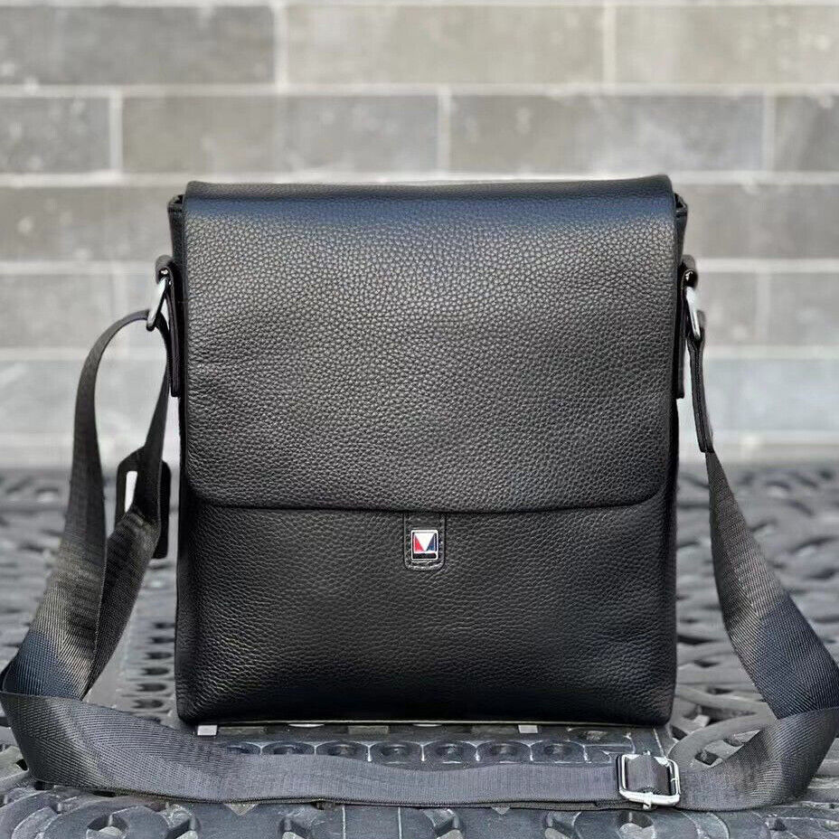 100% Genuine Leather Men's 10" Business Bags Black Sling Shoulder Messenger Bag