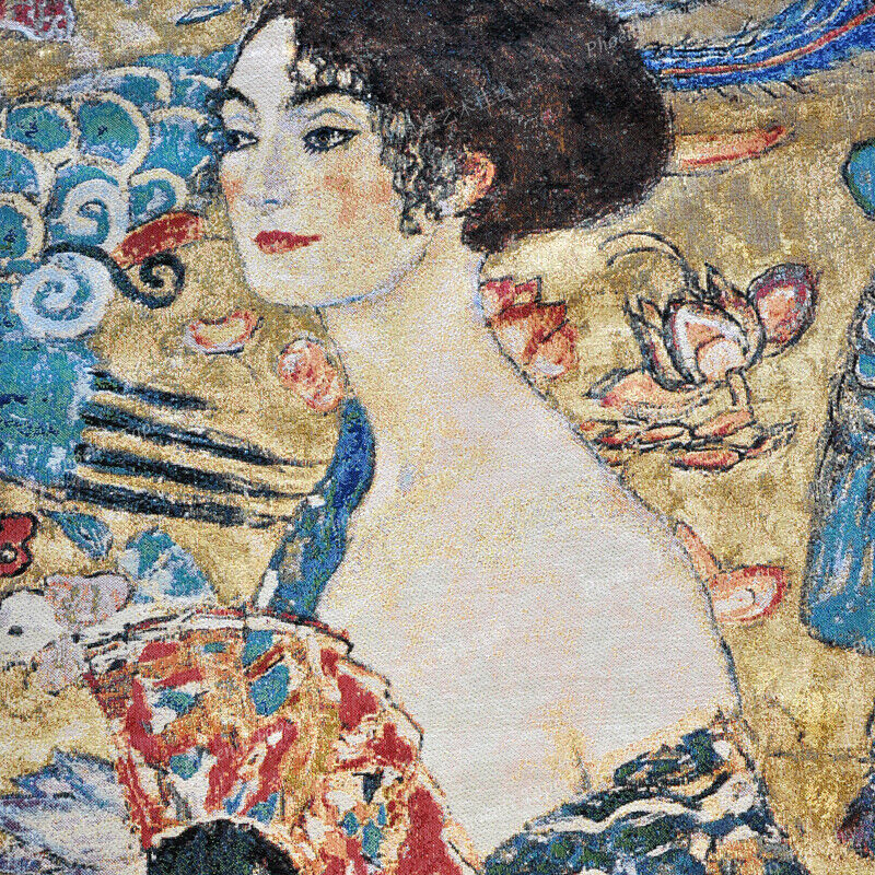 Beautiful Women with Fan KLIMT Jacquard Wall Hanging Tissue 52.8 inches x 52.8 inches-