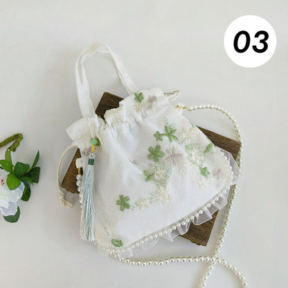 Pearl Floral Hanfu Bag Ancient Purse Embroidery Ruffle Drawstring Handbag Wallet