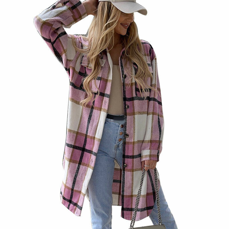 Women's Check Plaid Jacket Shacket Top Oversize Button Baggy Long Shirt Coat