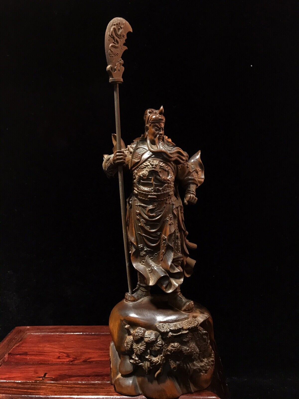Chinese Antique Wood Carved Boxwood Guan Yu Figure Statue Sculpture Art