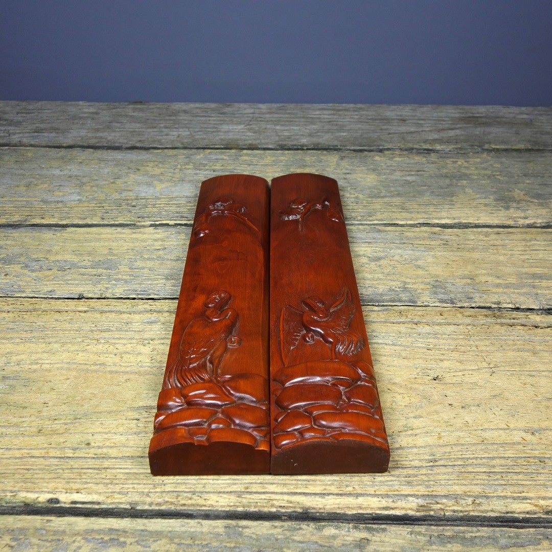 Vintage Boxwood Hand Carved Paper Weights Pine Crane Calligraphy 28.5cm