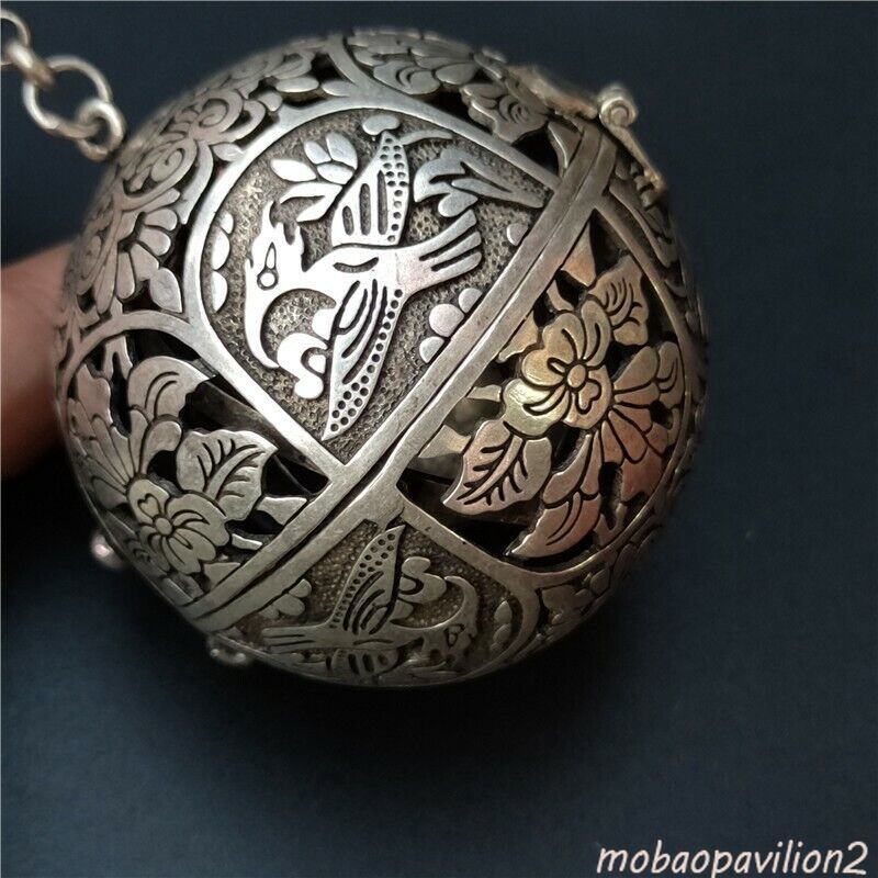 Exquisite Old Chinese tibet silver handcarved flower bird Hang incense burner