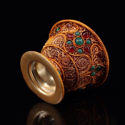 3.3 inch Chinese Tibetan Buddhist Temple Collection Casting Gemstone Collection Silver Cup -