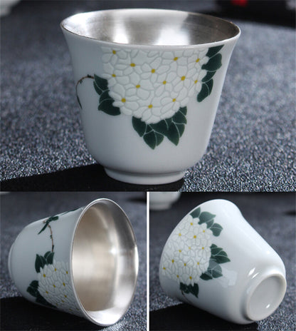 Health Care Pure Silver Tea Set Porcelain Flower Relief Honeysuckle Gaiwan Cups