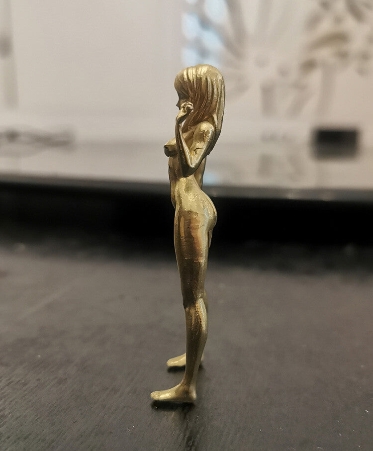 3.1" Brass Singing Girl Statue Human Body Art Naked Beauty Model Decor