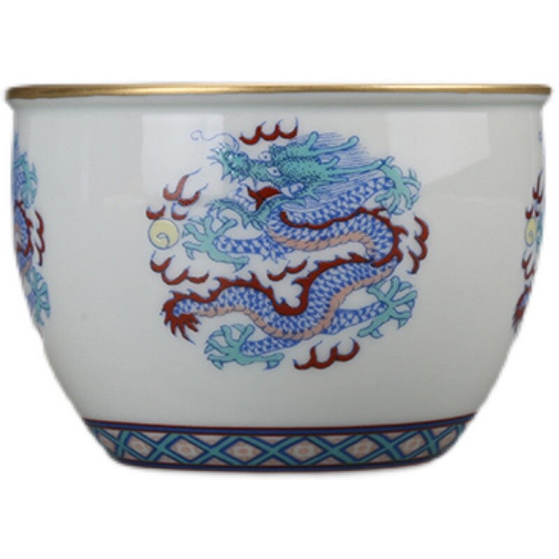 3" Chinese Qing Doucai Contrasting Colors Porcelain Animal Dragon Tree Cup